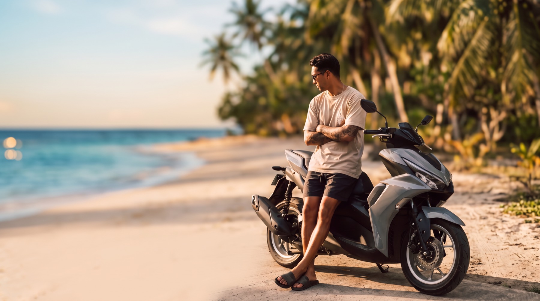A rider leaning on a scooter beside a Siquijor beach at sunset