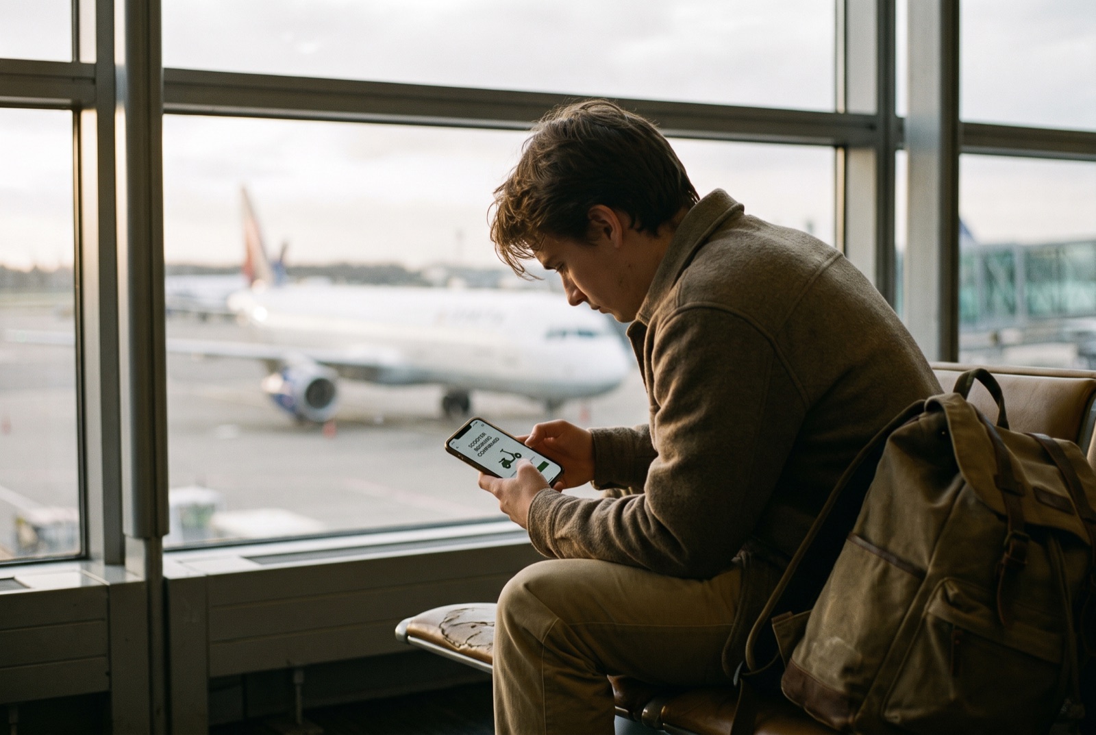 Two travellers laughing over a phone at an airport departure gate